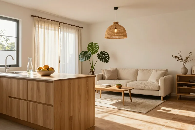 Sala e cozinha integradas com luz da manhã, sofá claro, ilha de madeira e costela-de-adão